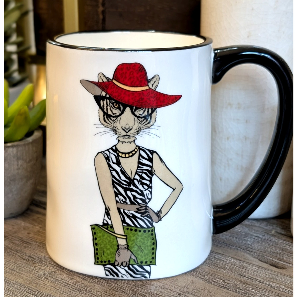 Hipster Tiger Coffee Mug Red Hat Glasses Large Signature Housewares 17.5 Oz